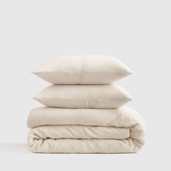 Quince European Linen Duvet Cover Set Natural Mini Pinstripe Size Queen - Picture 15 of 15